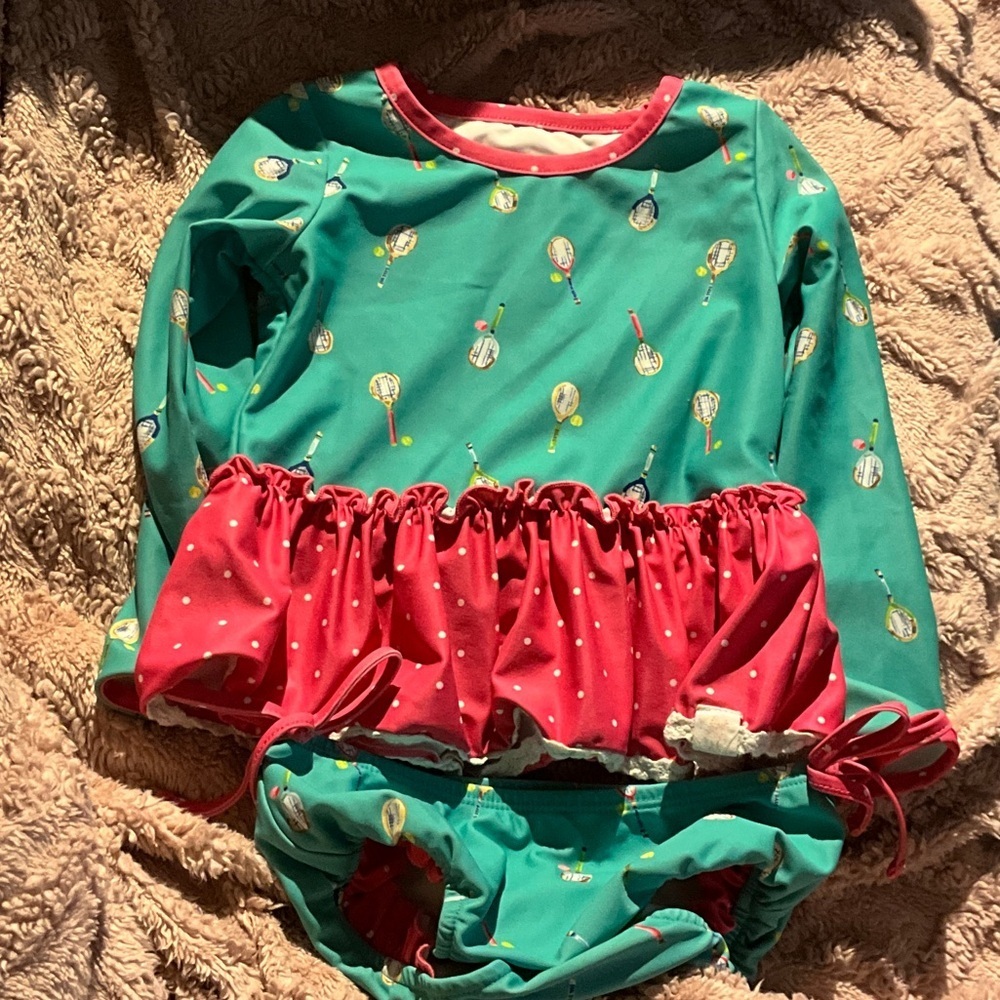 SweetHoney 2 piece Swim Set - Tennis Theme, Teal & Pink